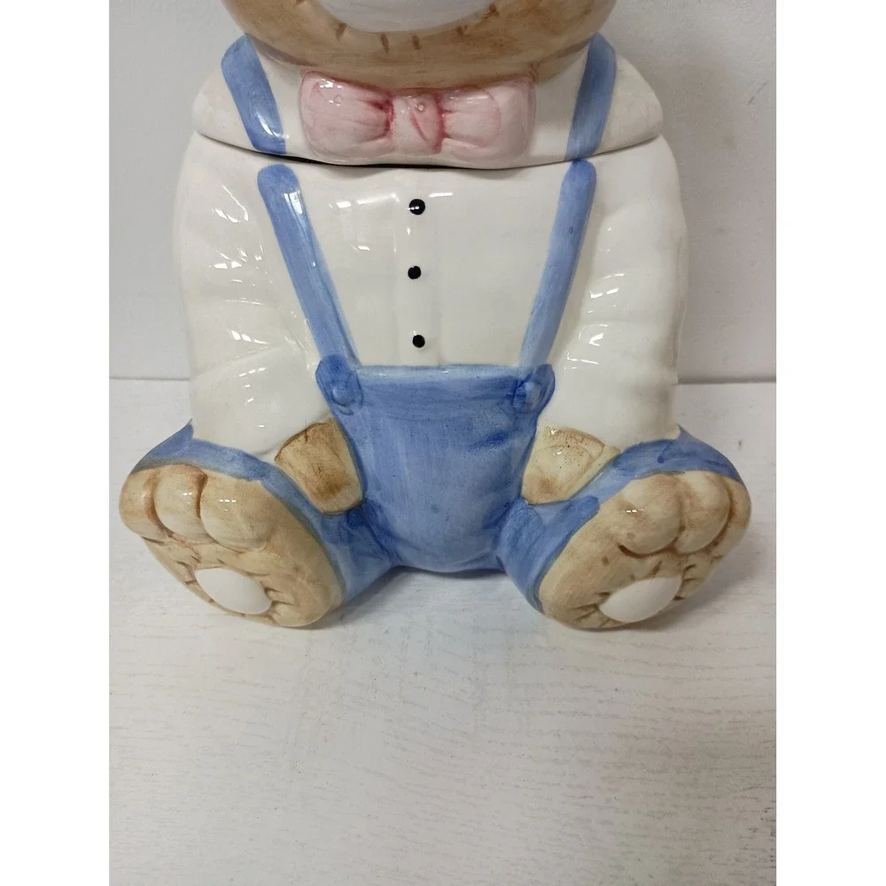 Vintage Teddy Bear Cookie Jar Blue Tan Ceramic Country Kitchen Decor